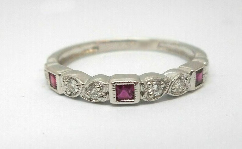 1/2CTW Red Princess Cut CZ Art Deco Antique Style Wedding Band 925 Silver Ring