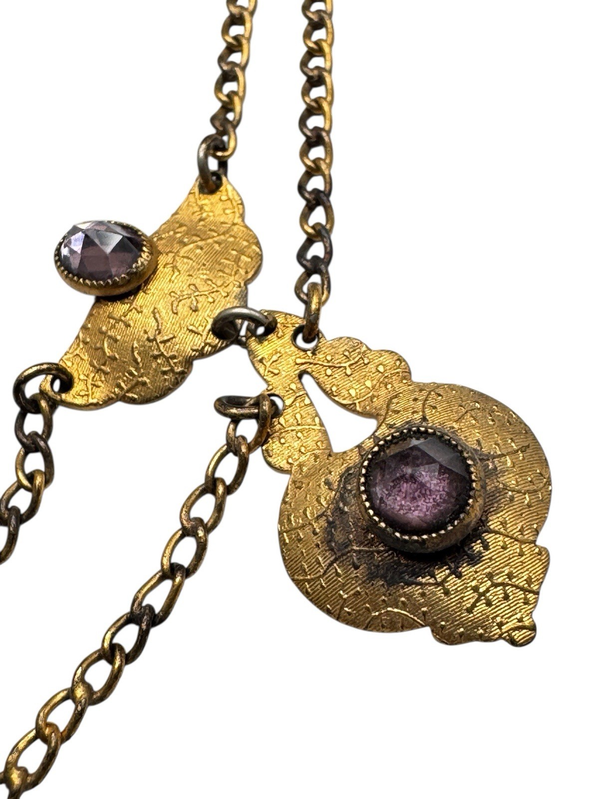 Antique Edwardian Gold Filled Festoon Necklace Rose Cut Purple Paste Stones