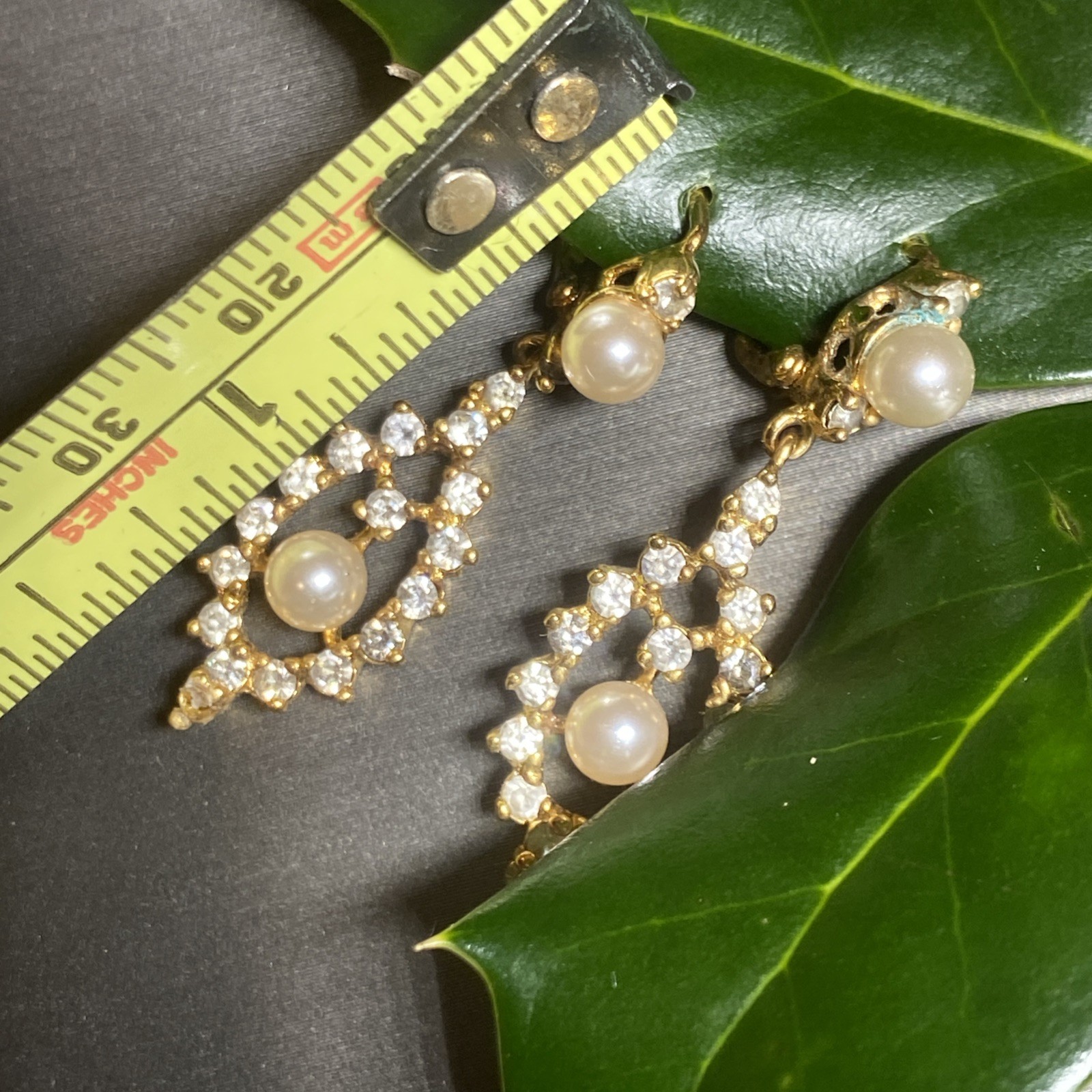 Vintage Pearl Earrings Estate Jewelry Pre-owned Gold Plated Crystal Lozenge Drop