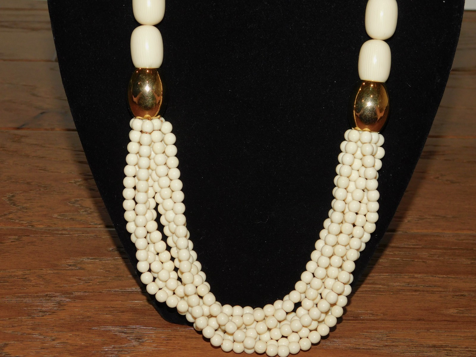 RARE! Napier Ivory/Gold Statement Necklace 30″ Oblong Beads Graduated MCM