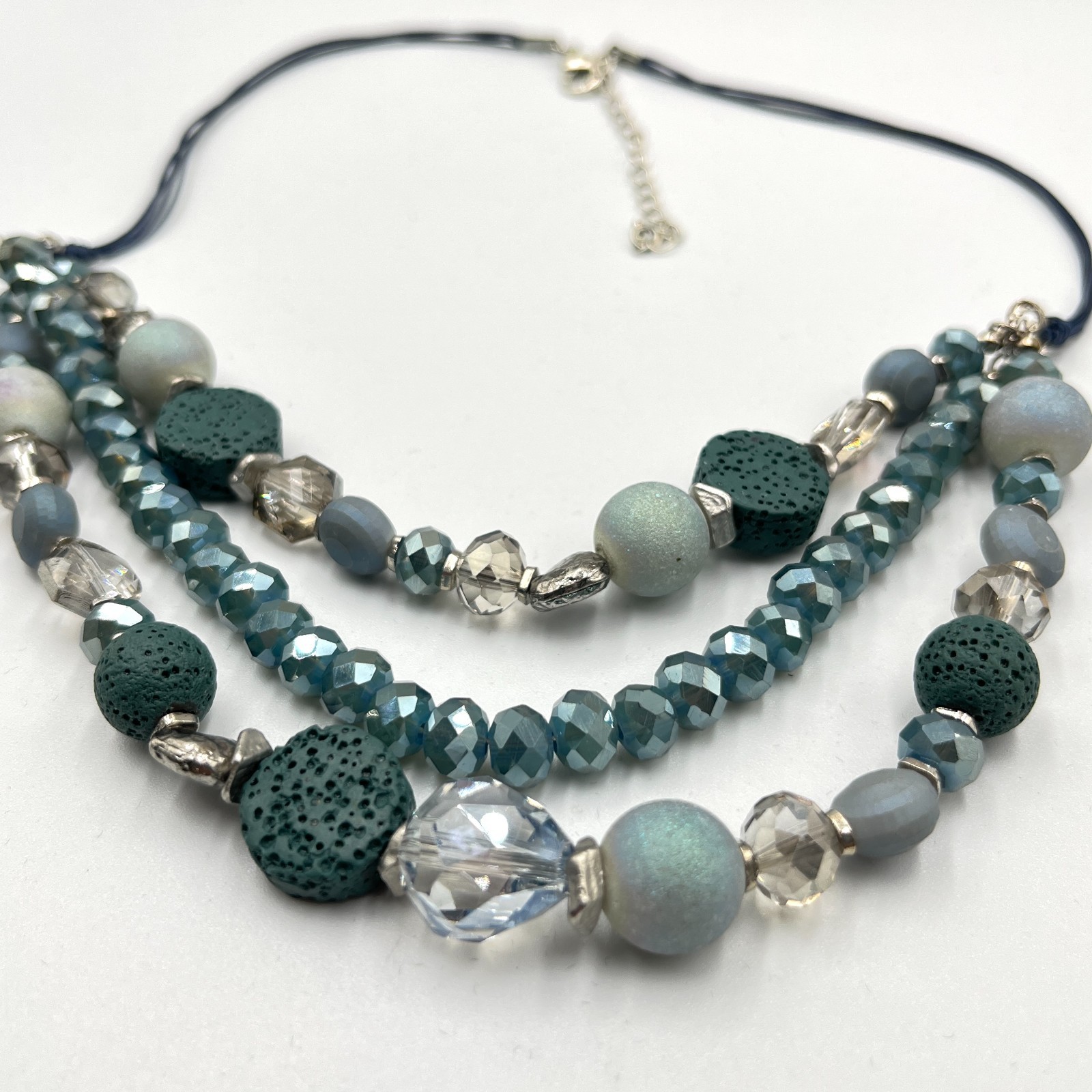 VTG Boho Slate Blue Multi-Strand Statement Necklace Lava Rock Beaded Layered Y2K