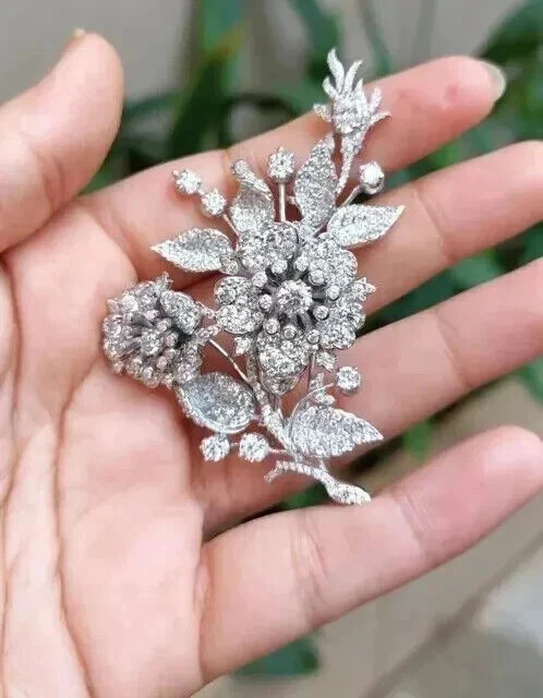 2.50Ct Round Lab Created Diamond Flower Brooch Pin Silver 14K White Gold Plated