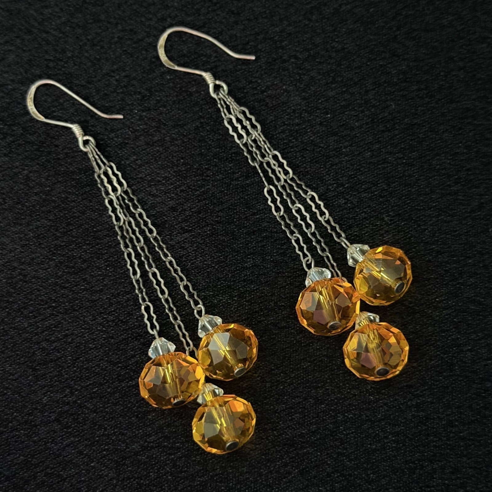 Vintage 925 Sterling Silver Antique Orange Crystal Chandelier Dangle Earrings