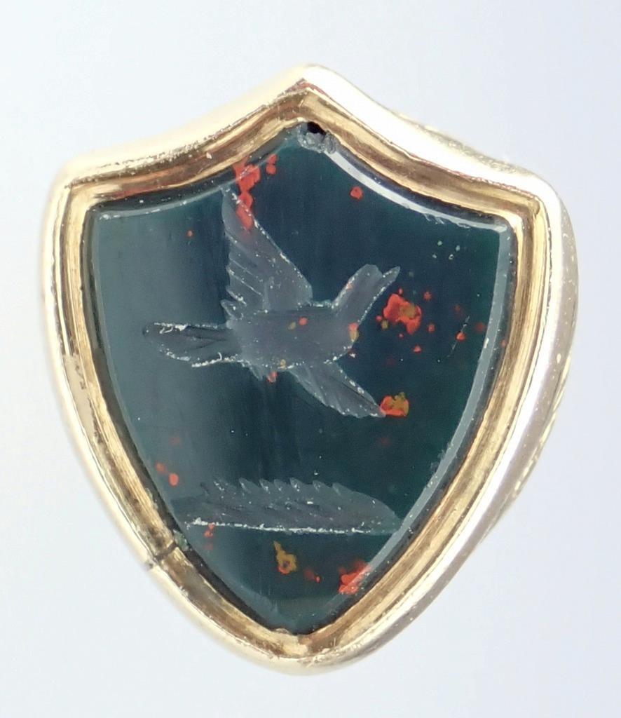 Fab Antique Georgian 9K Gold Bloodstone Floral Bird Pigeon Intaglio Seal Pendant