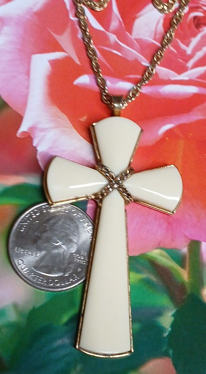 Vintage 1980’s Avon Faux Ivory and Gold Tone Cross Pendant Necklace