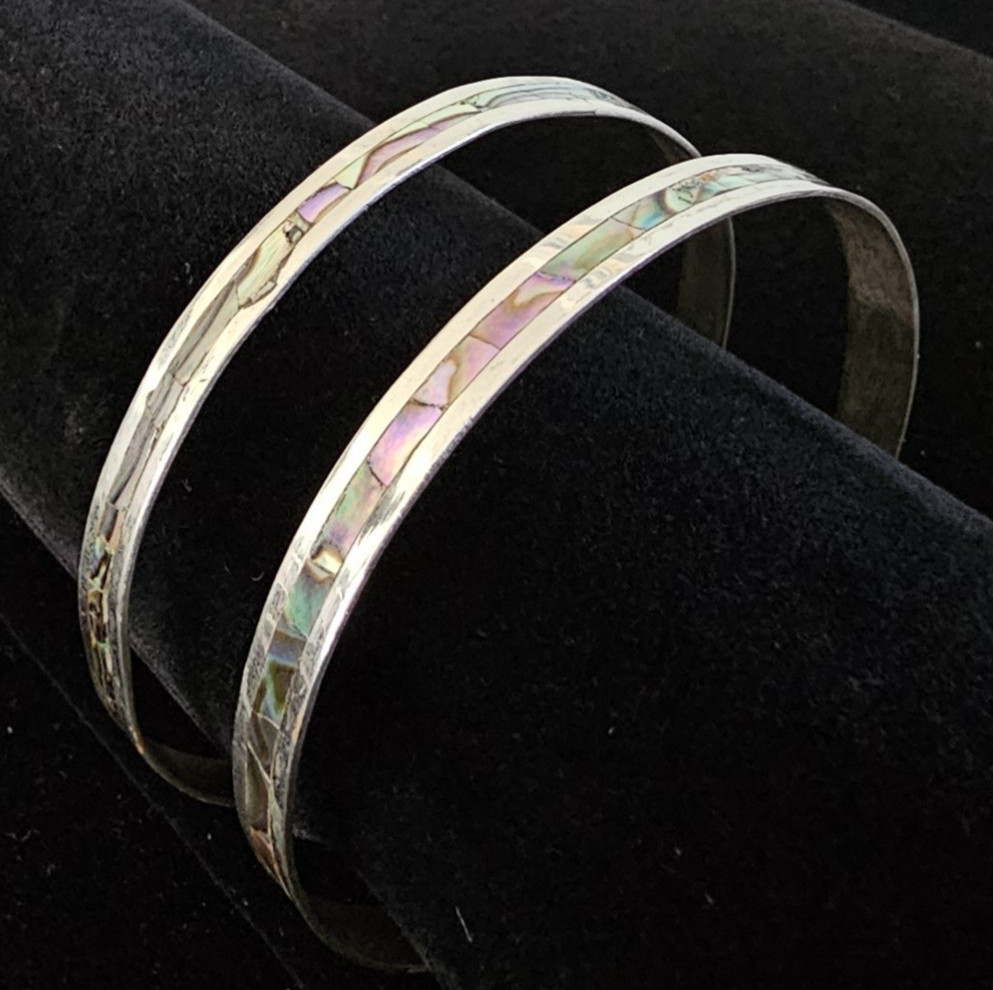 Set 2 Vtg Mexico Alpaca Silver Abalone Shell Inlay Bangle Bracelets 8.25″ Signed
