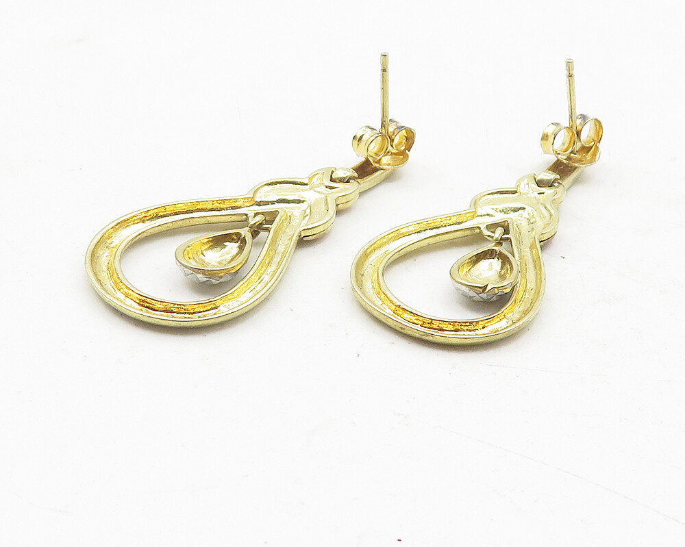 925 Sterling Silver Vintage Shiny Two Tone Tear Drop Dangle Earrings EG6144