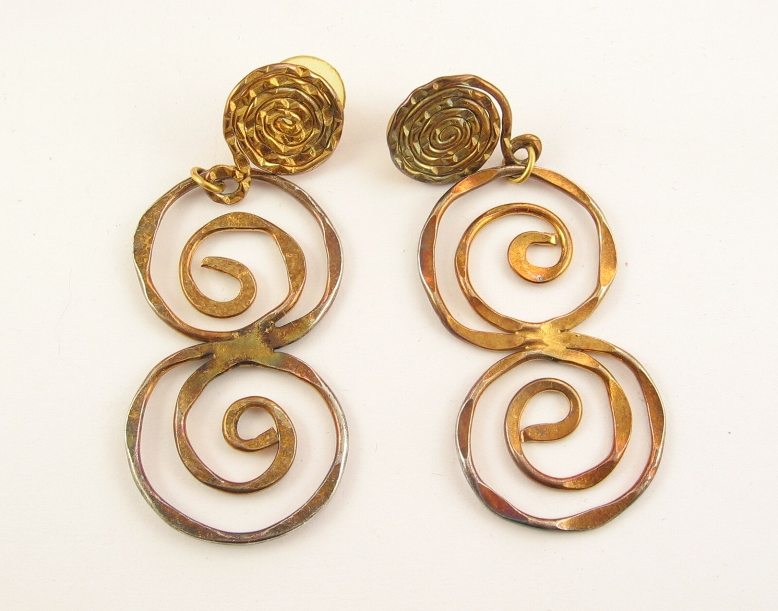 SPIRAL DANGLE EARRINGS Vintage Pierced Post Goldtone Handcrafted Tolarams 2 5/8″