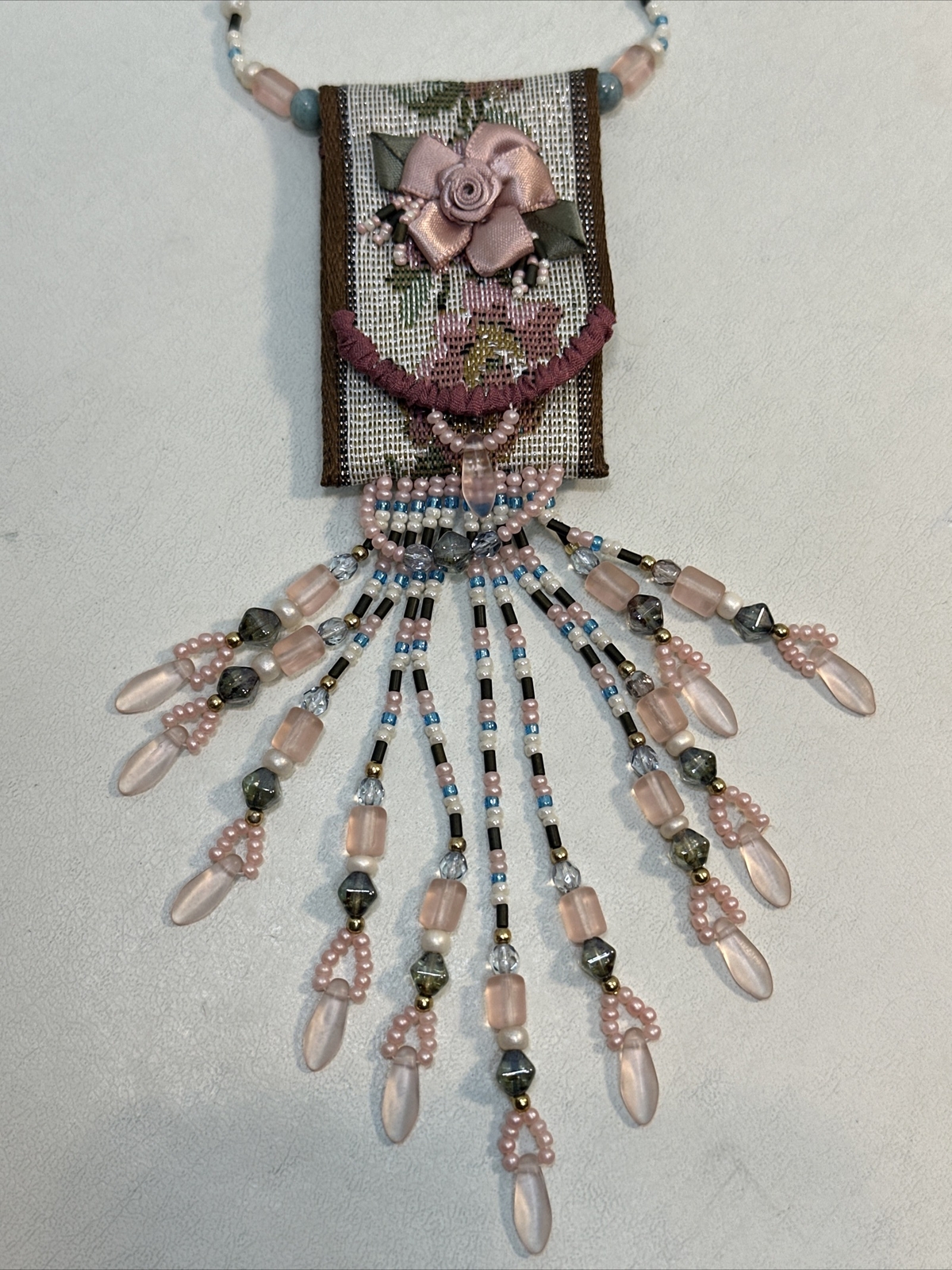 Vintage Needlepoint Handmade Purse Seed Bead Necklace Beaded Fringe-Bo Ho-Hippie