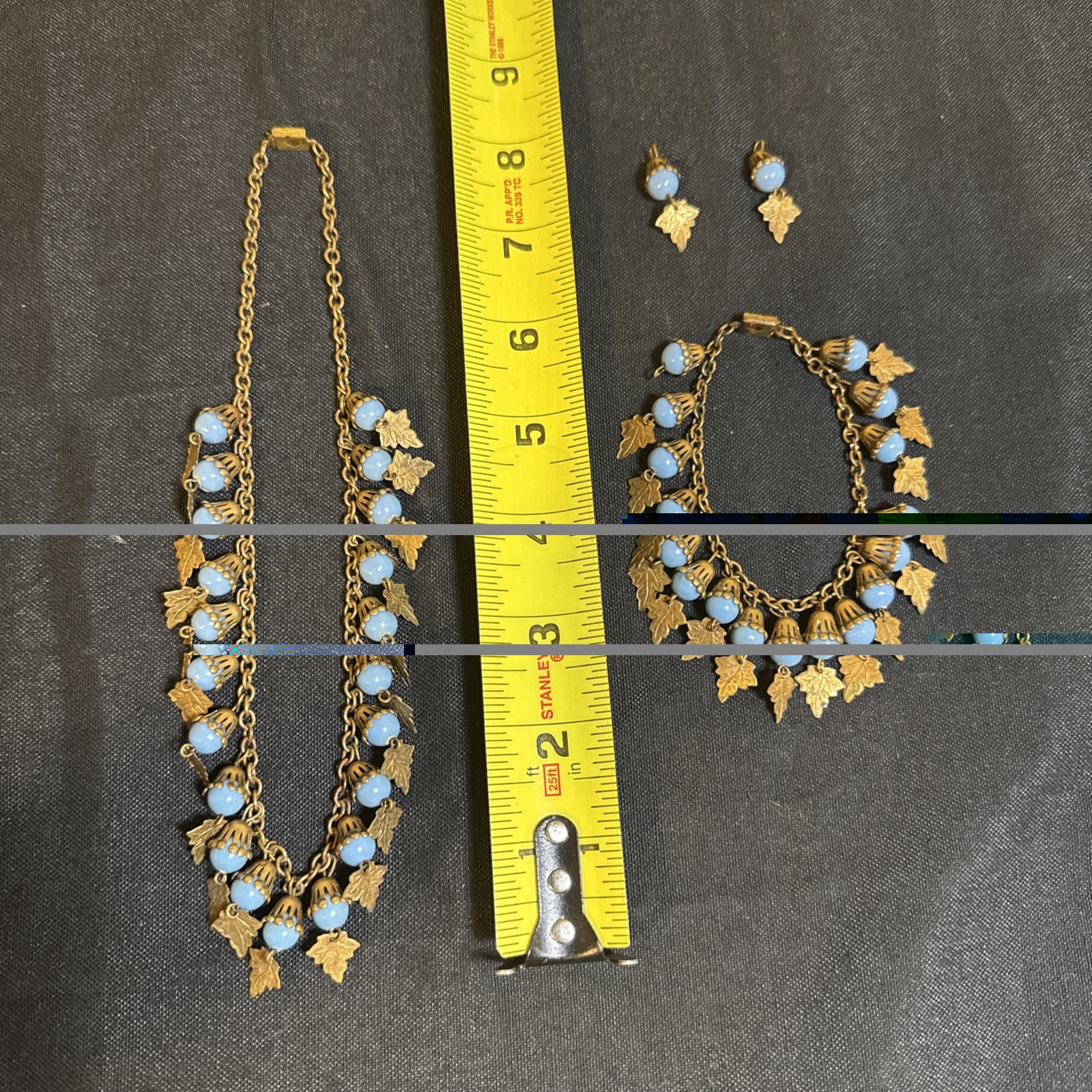 Vintage Flower-like Capped Blue Celluloid Balls w/ Leaves Necklace & Bracelet