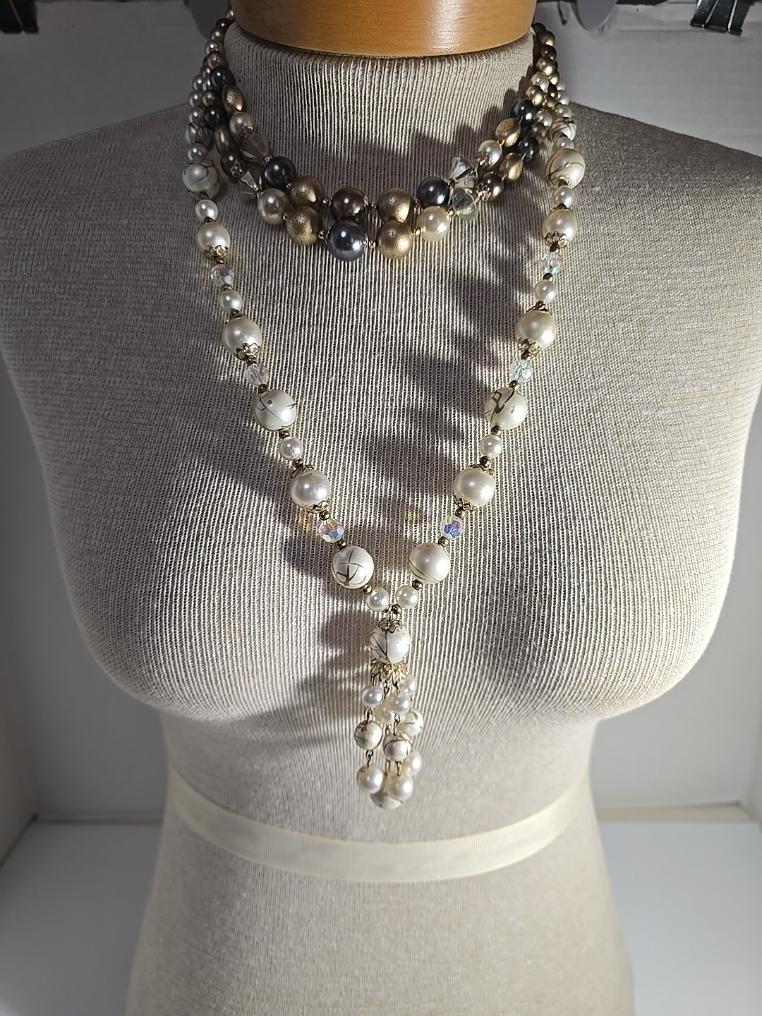 Two Vintage Beaded Necklaces Earthtones Layering 1-Tasseled 1-Multistrand Japan