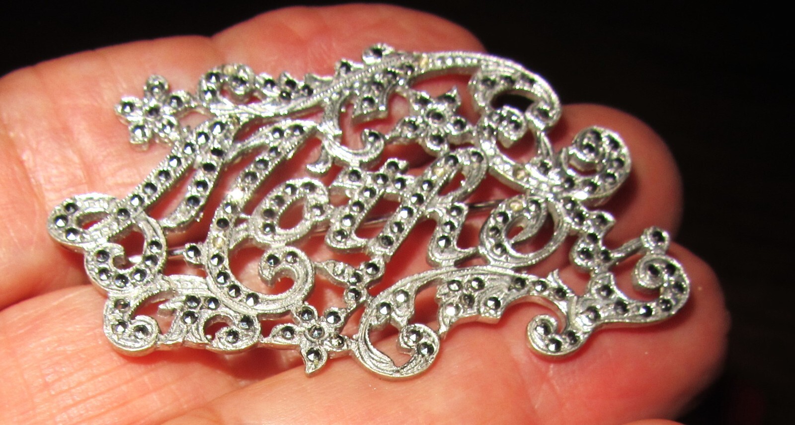 STERLING SLVER MARCASITE “MOTHER” PIN BROOCH VINTAGE w BOX; 2″ x 1.25″