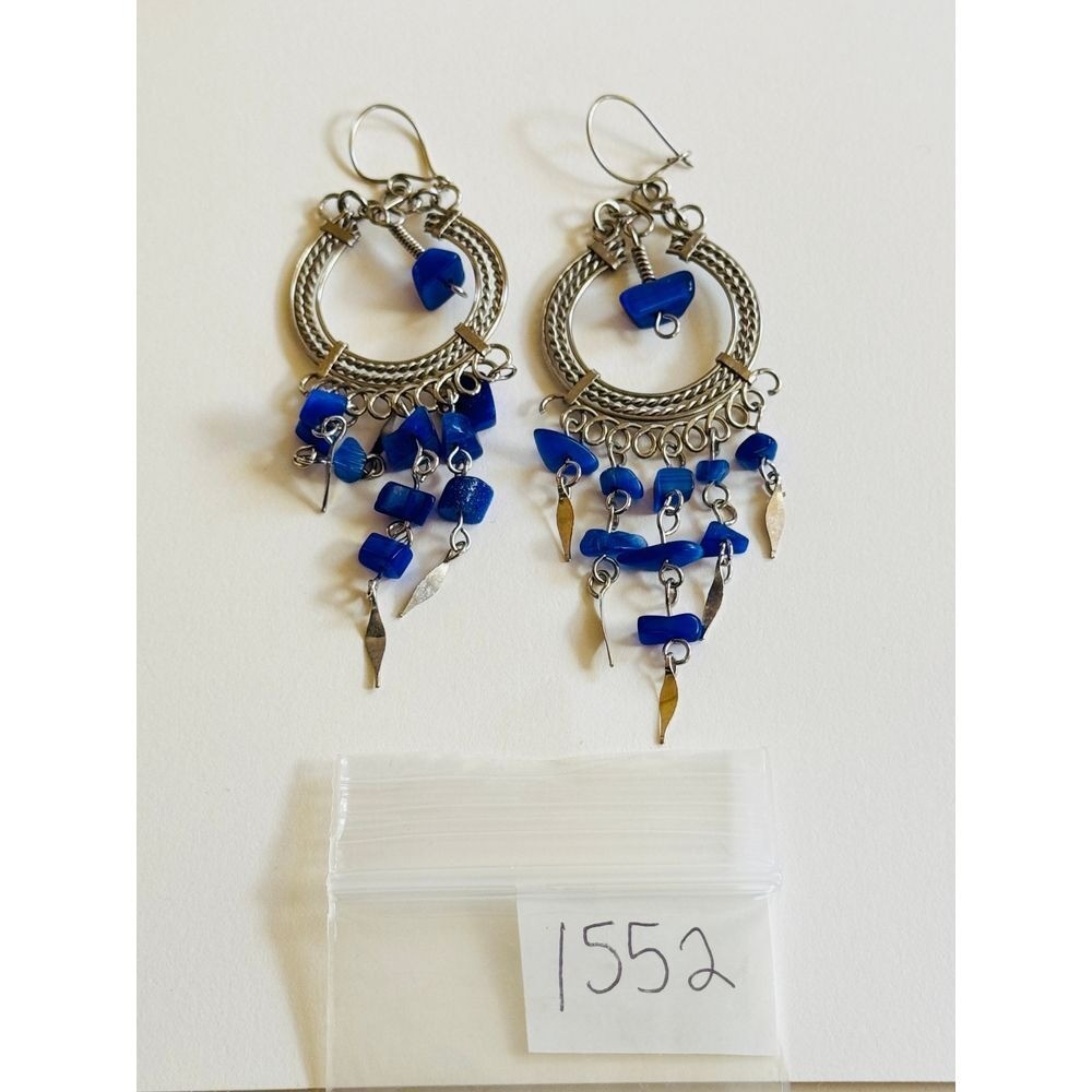 VTG hoop chandelier Earrings silver blue moonstone beads Flashy Dangle Pierced