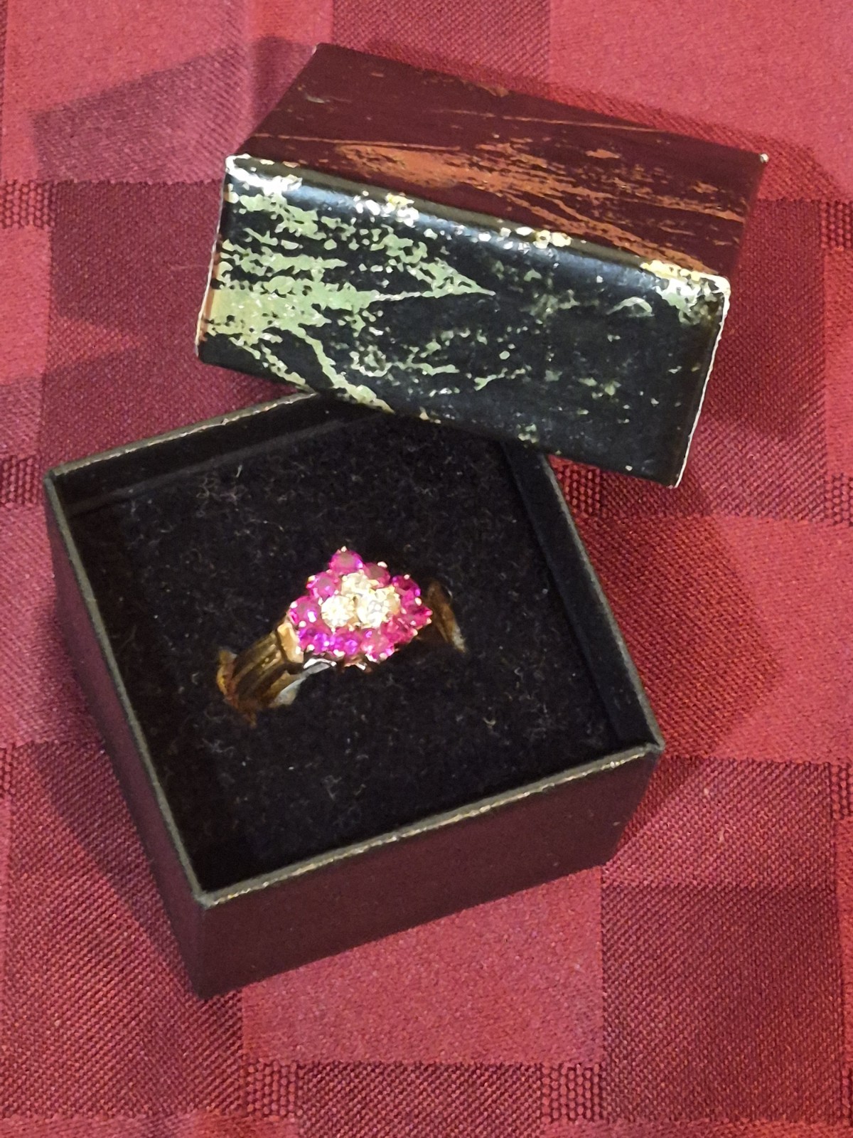 New Vintage Lindenwold Cluster Ring – Size 6.75 / 7 – Ruby Red & Clear Cz