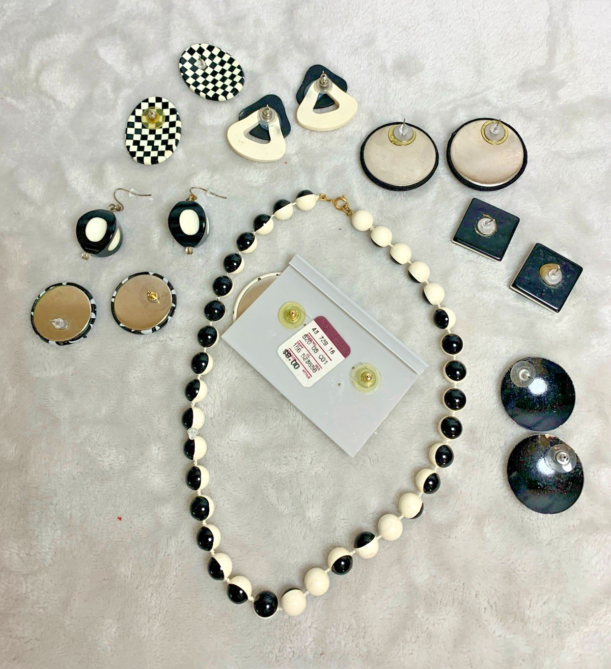 Vintage MOD Monochrome Jewelry Lot Black White Earrings Signed Tacoa & Necklace