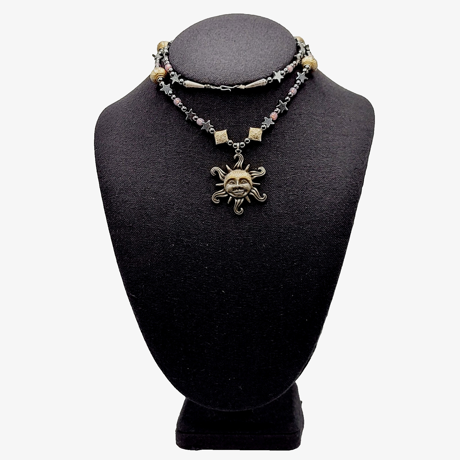 Celestial Sun Stars Black Hematine Bead Pendant Gold Tone Cone Ends Necklace