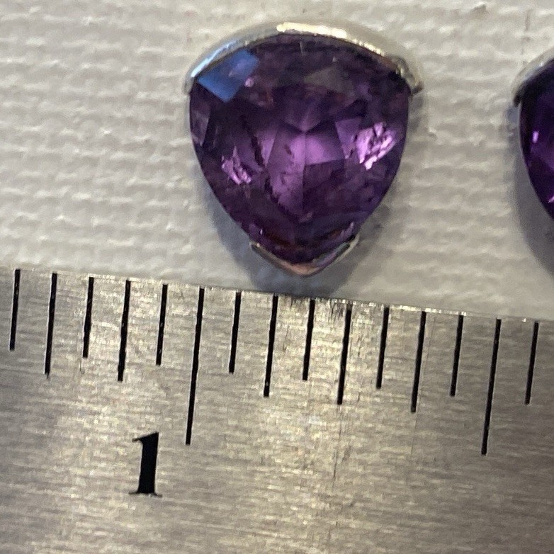 Vintage Faceted Amethyst & Pure Silver Pierced Earrings Deep Purple Trillion Cut