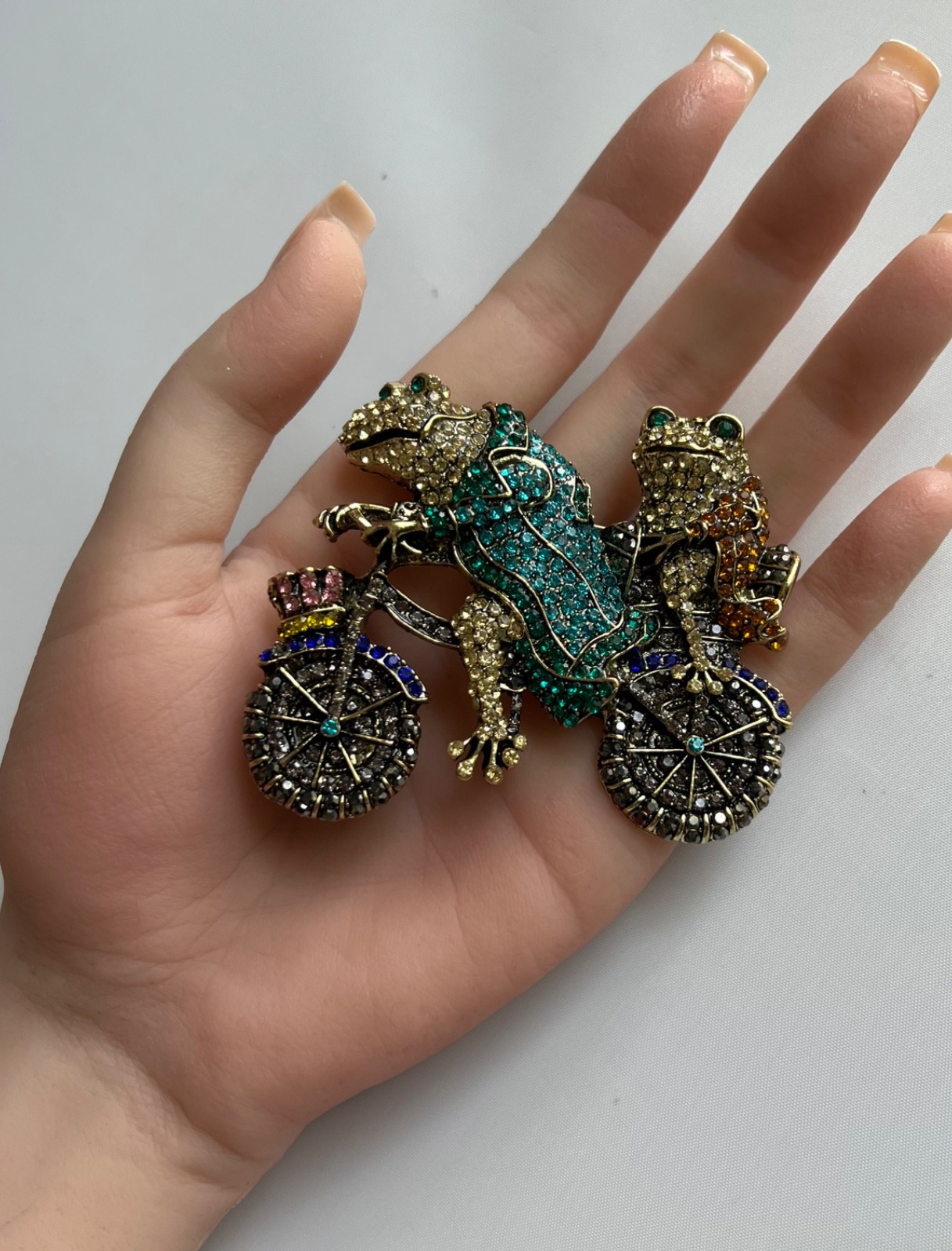Large Whimsical Frog Pin Rhinestone Toad RIDING bike prince crown vtg Brooch