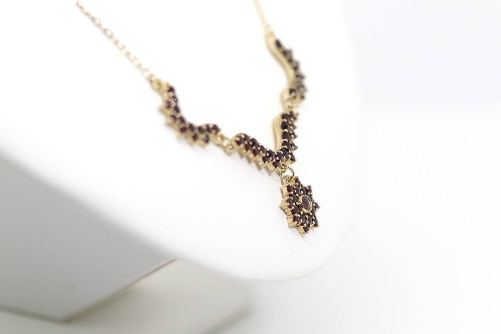 Vintage Silver Necklace Czech G 900 Gold Plated + Garnet Gems Star ,L:17 7/8in