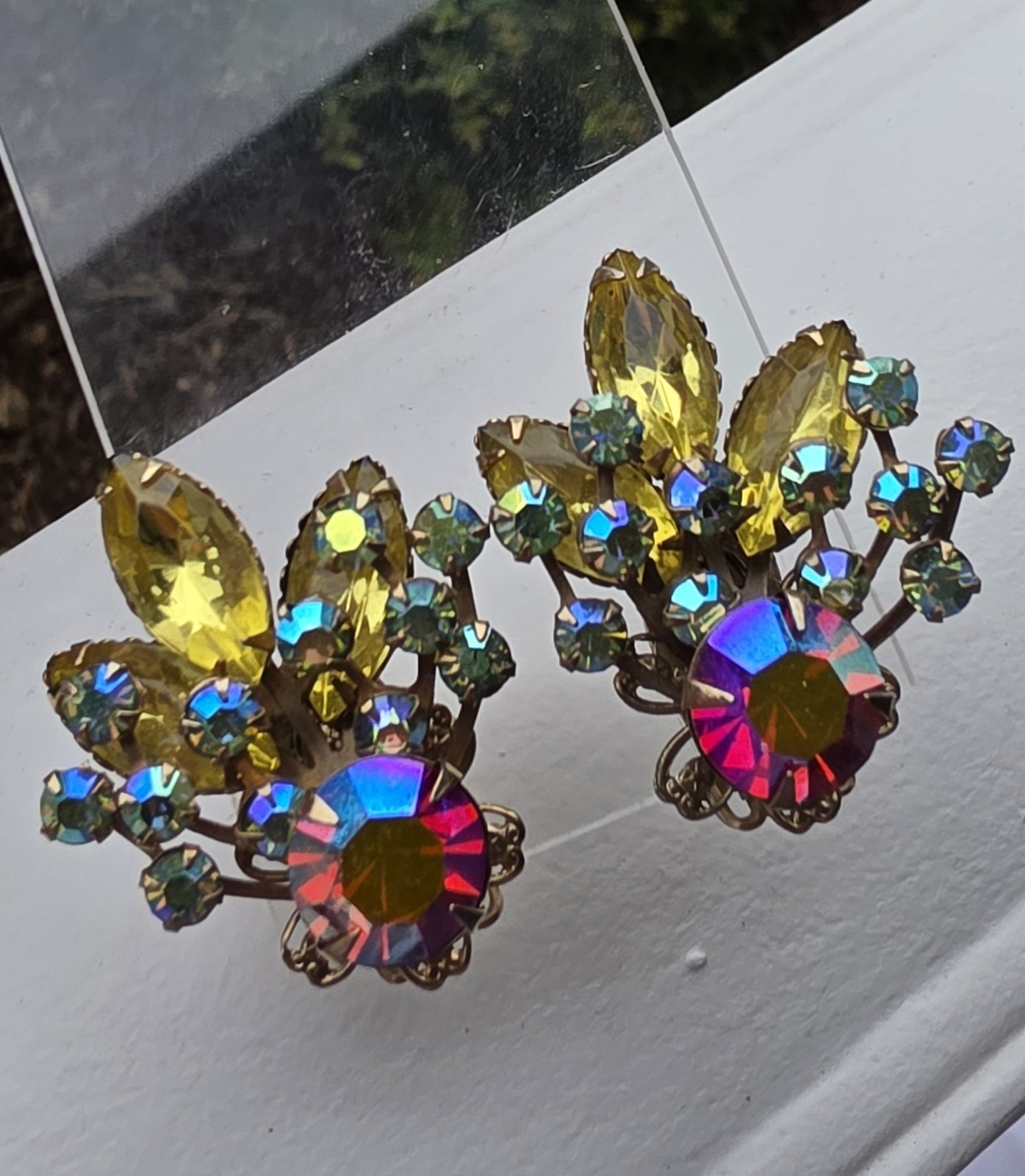 Vintage Multicolor AB Rhinestone Red Yellow Navette Floral Spray Clip Earrings