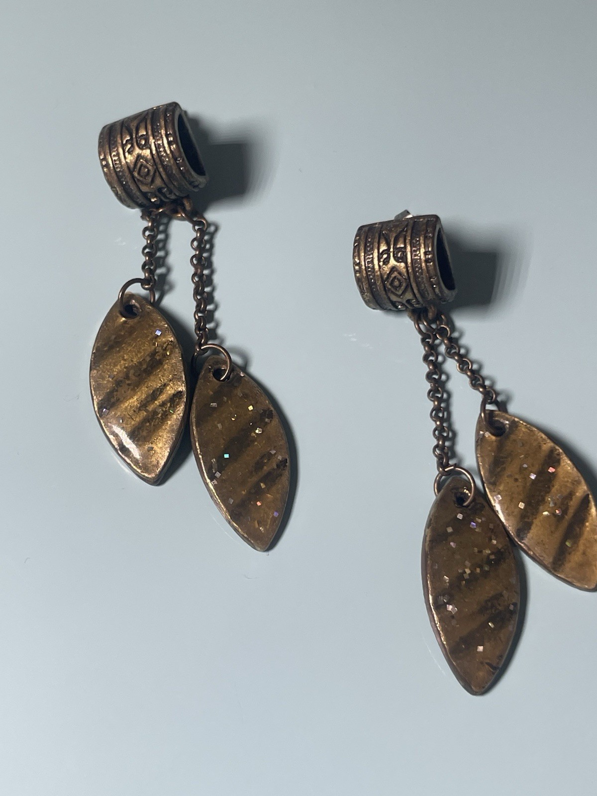 Vintage Copper Tone Dangle Earrings Glitter Enamel Leaf Drops Boho Tribal Style