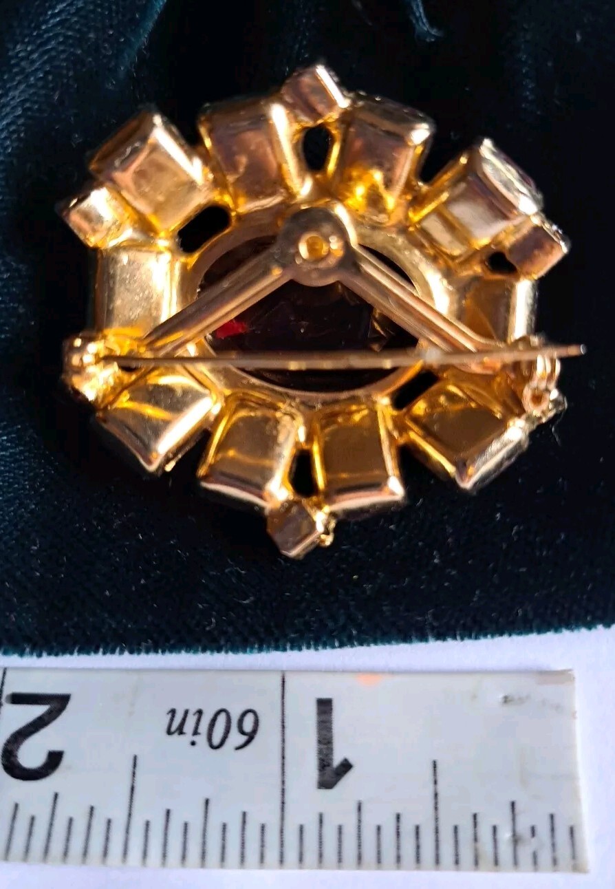 Vintage Czech Goldtone Ruby Art Glass & Faux Opals Pin Brooch Mint In Box