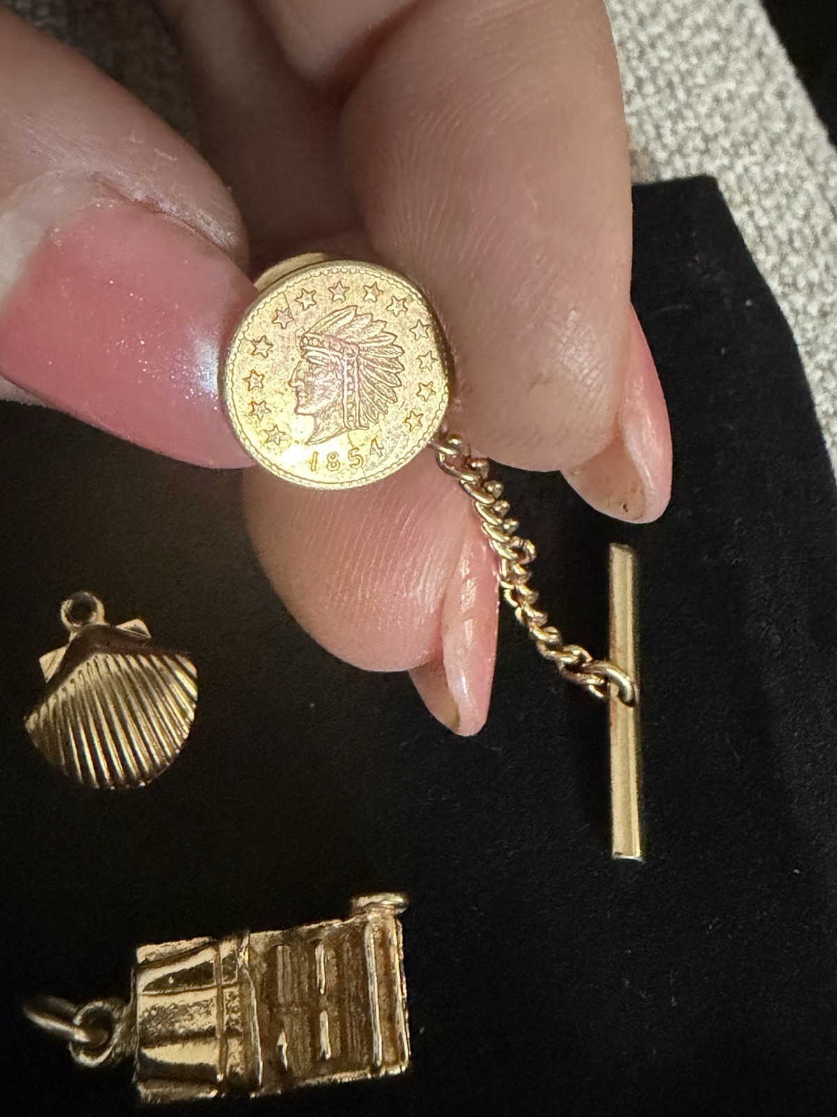 Vintage Mens Tie Tack T-Bar Indian Head Coin & 2 Charms 3D Antique Car Lot