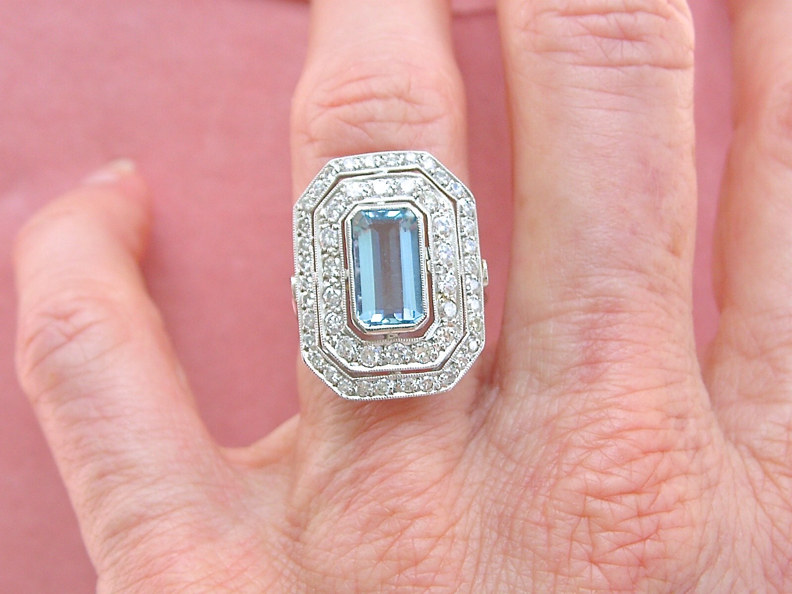 ESTATE DECO 1.55ct AQUAMARINE 1ctw OLD DIAMOND PLATINUM COCKTAIL RIGHT-HAND RING