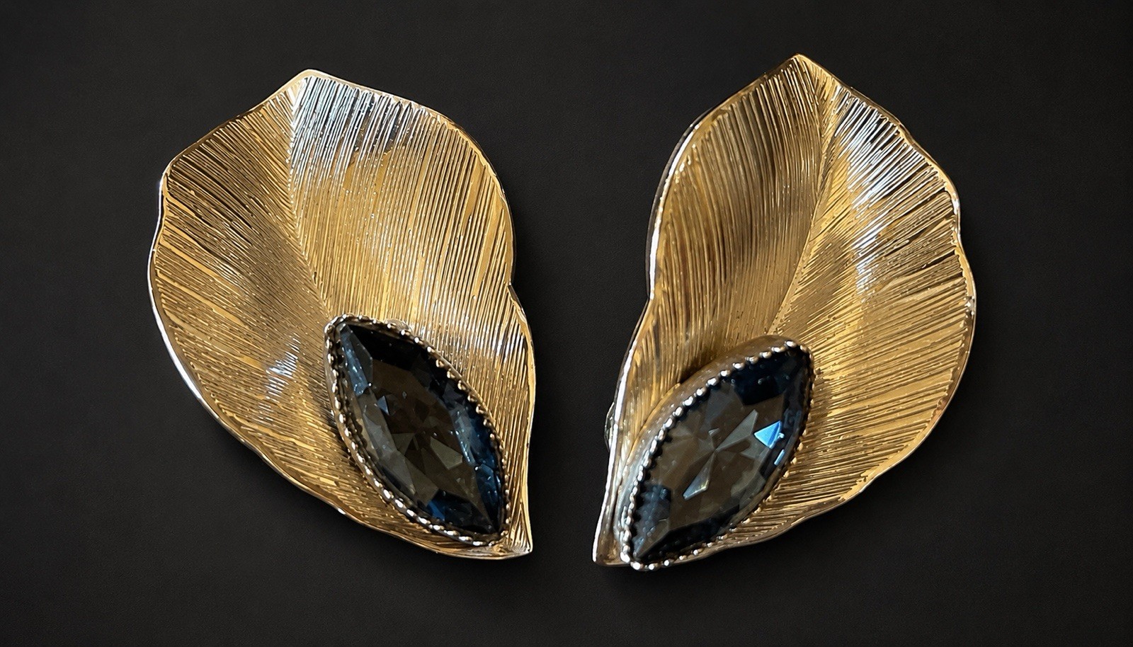 Vintage Whiting & Davis Silver Tone Leaf Clip On Earrings Blue Navette Crystal