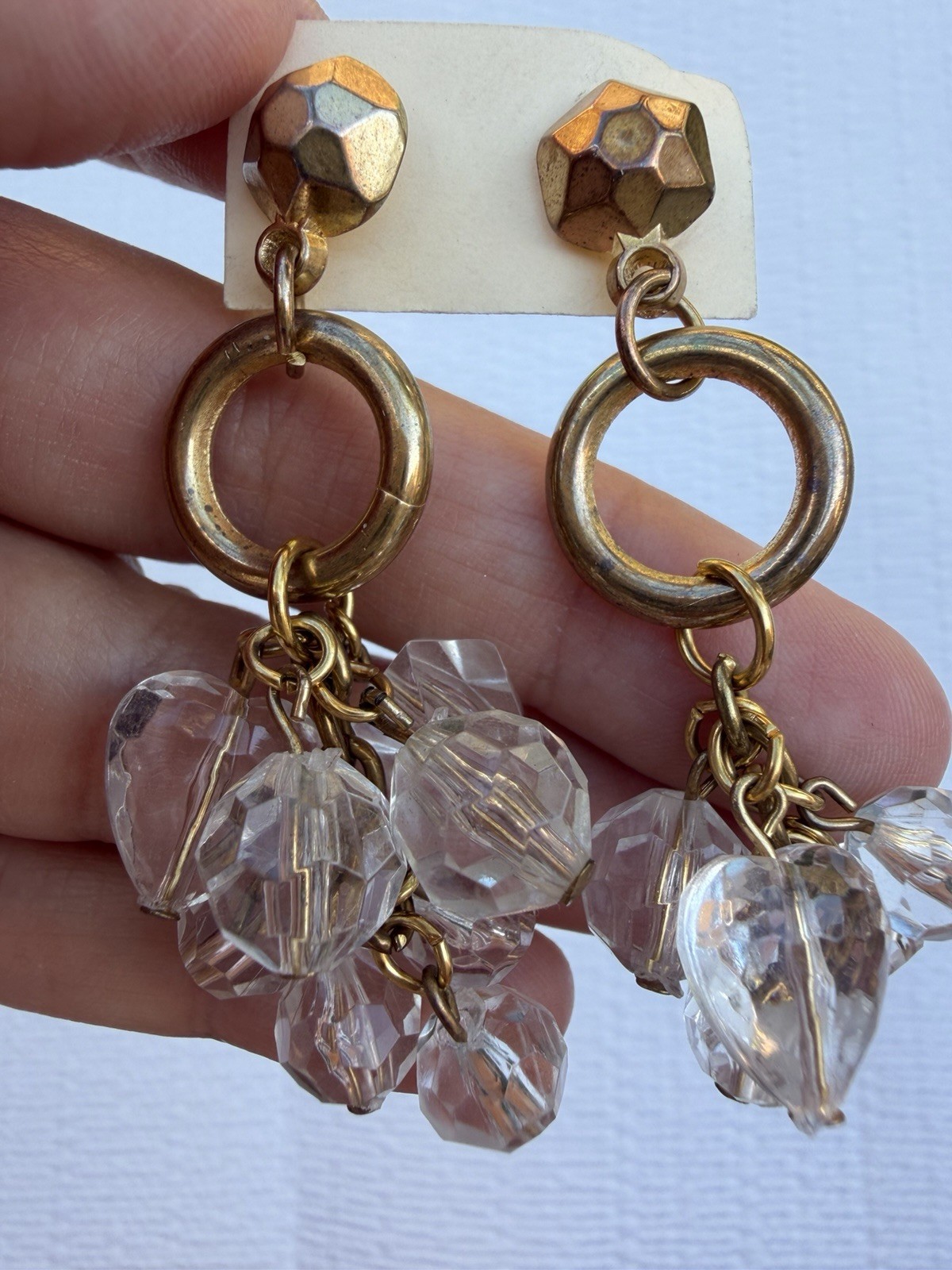 Vintage Gold Tone Bead Cluster Dangle Earrings Clear Faceted Statement Earrings
