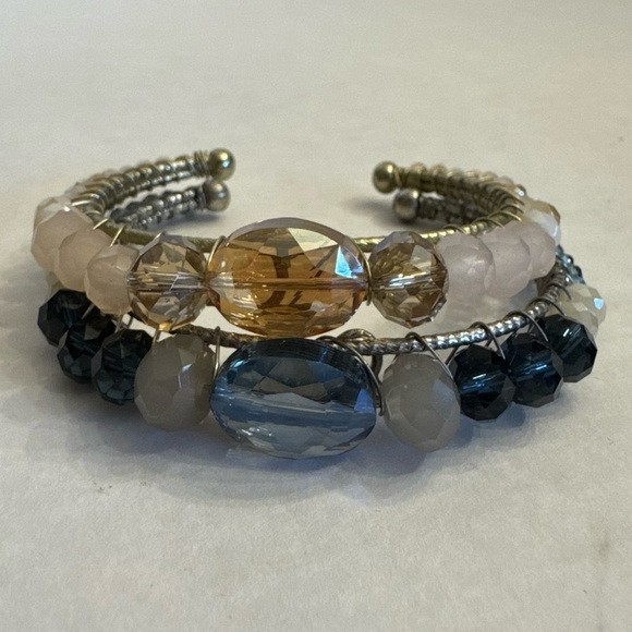 LOT of 2 AB Faceted Crystal Cuff Bracelets Pink and Blue Jewelry Bundle