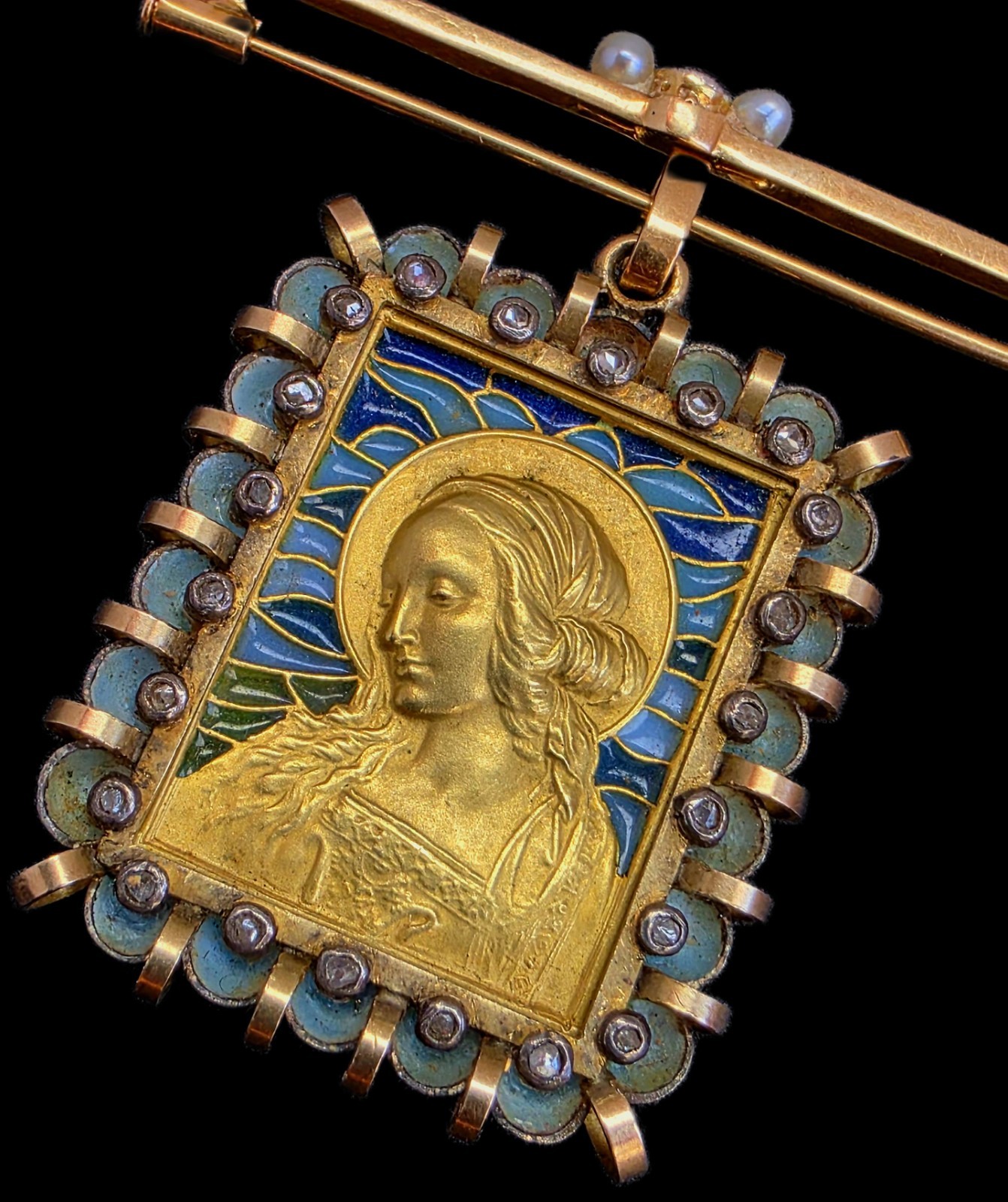 Fine Antique Art Deco 18K Gold Plique a Jour Virgin Mary Pendant Brooch C 1930