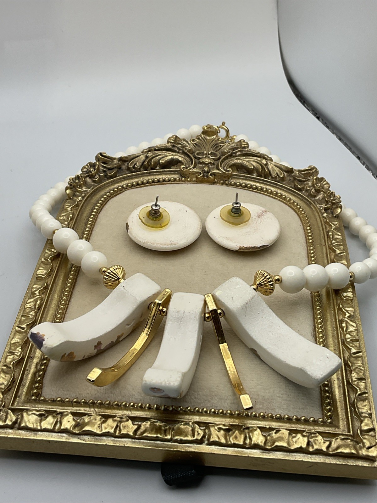 Vintage 60s-80s White & Gold-tone Chunky Bib Necklace/ Earring Set Marked Japan