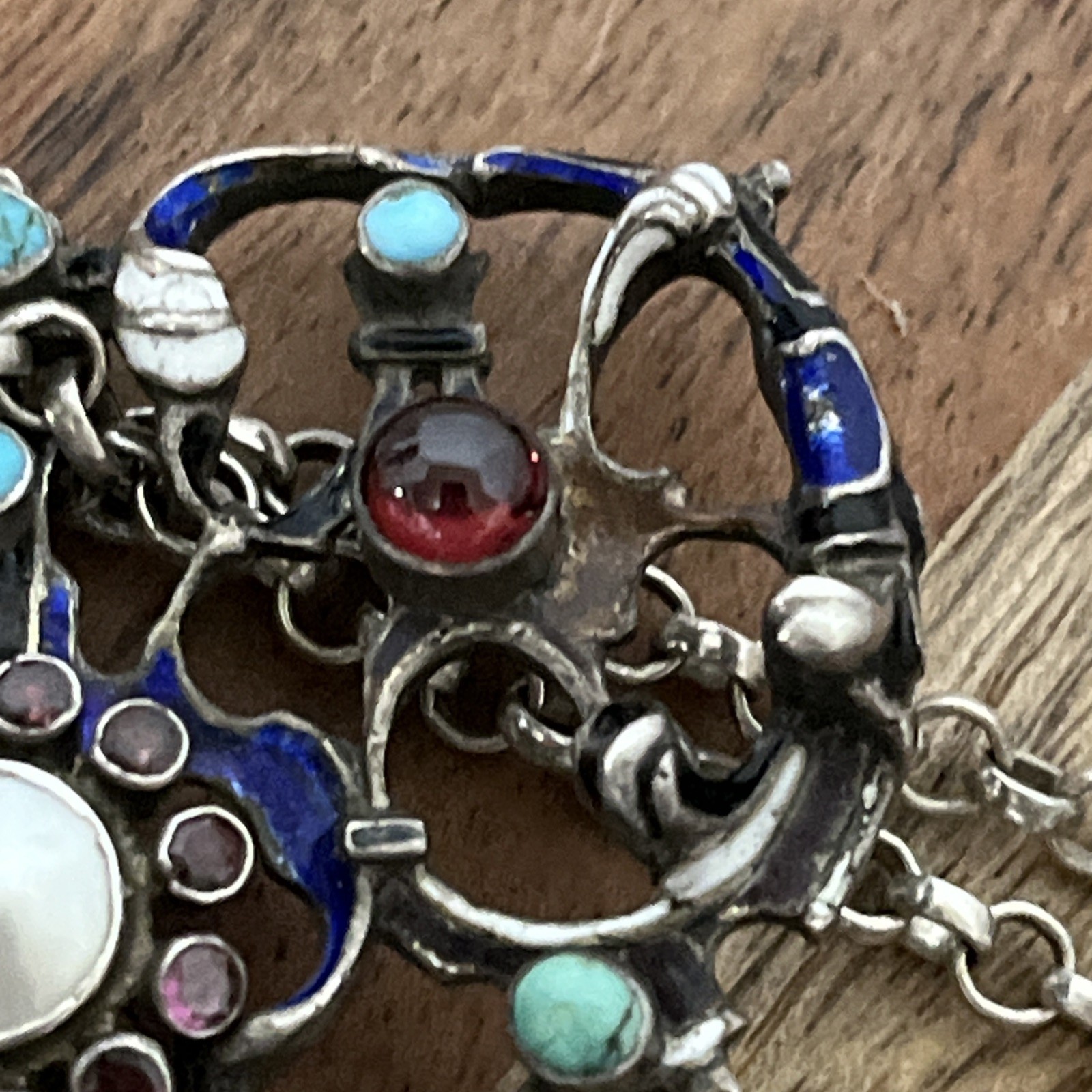 Antique Hermann Bohm AUSTRO HUNGARIAN Garnet Turquoise Silver Pendant Necklace