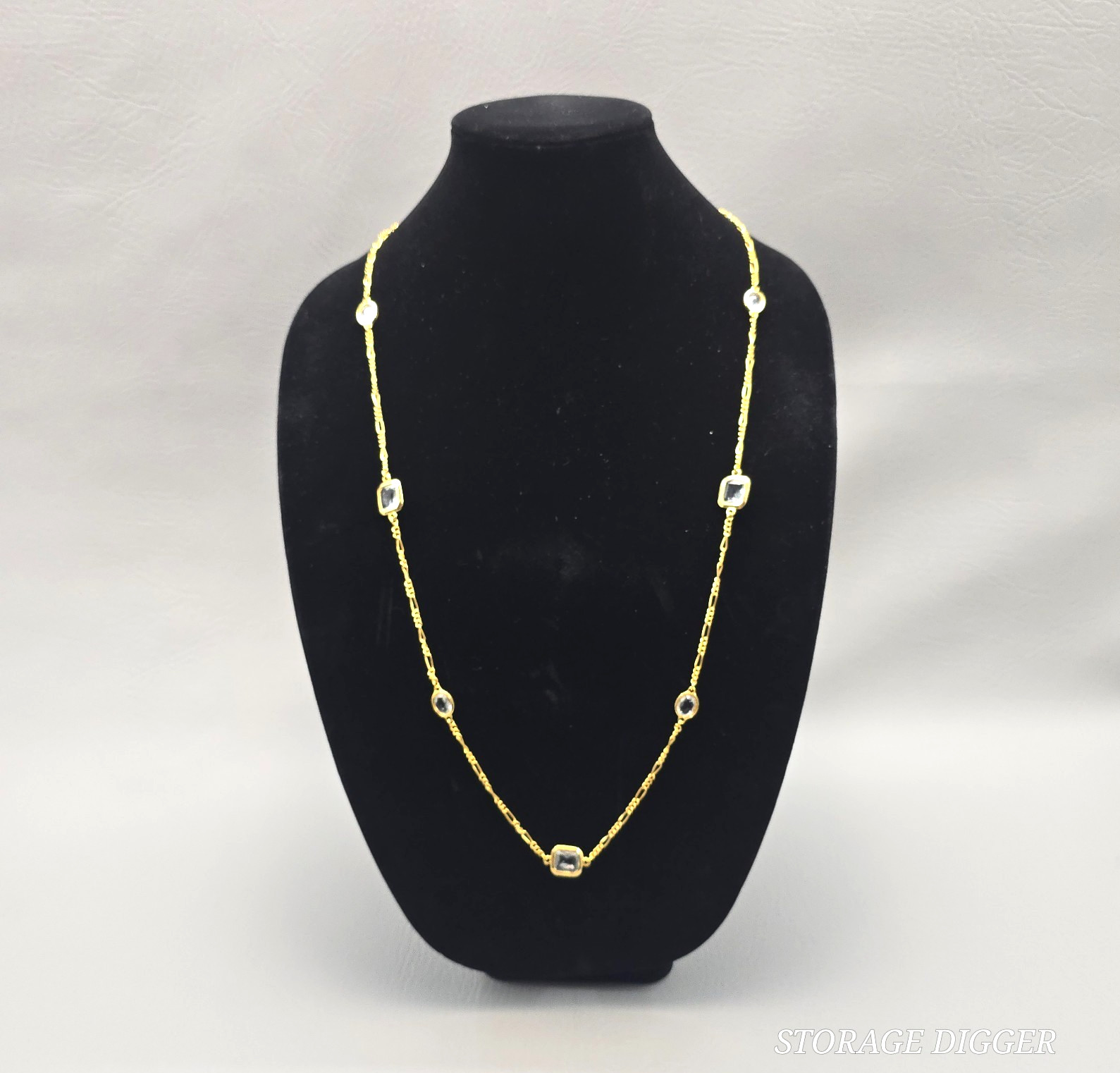 VTG Clear Crystal Bezel Gold Tone Metal Bar Link Chain Station Necklace 35″ Long