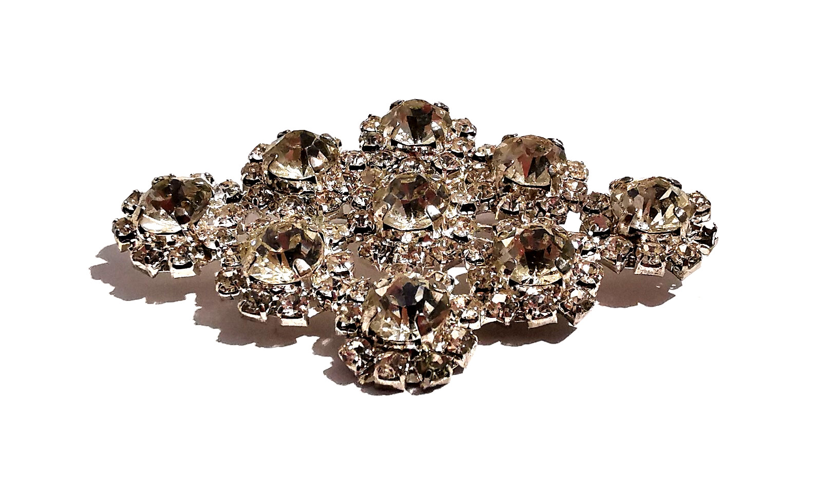 Vintage Czech Brooch Handmade Rhombus Shape Clear Colorless Rhinestones Glass