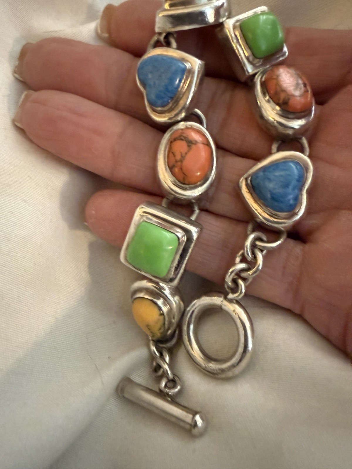 VTG Mexico 925 Multi Stone Toggle Bracelet 7.25in 49Grams