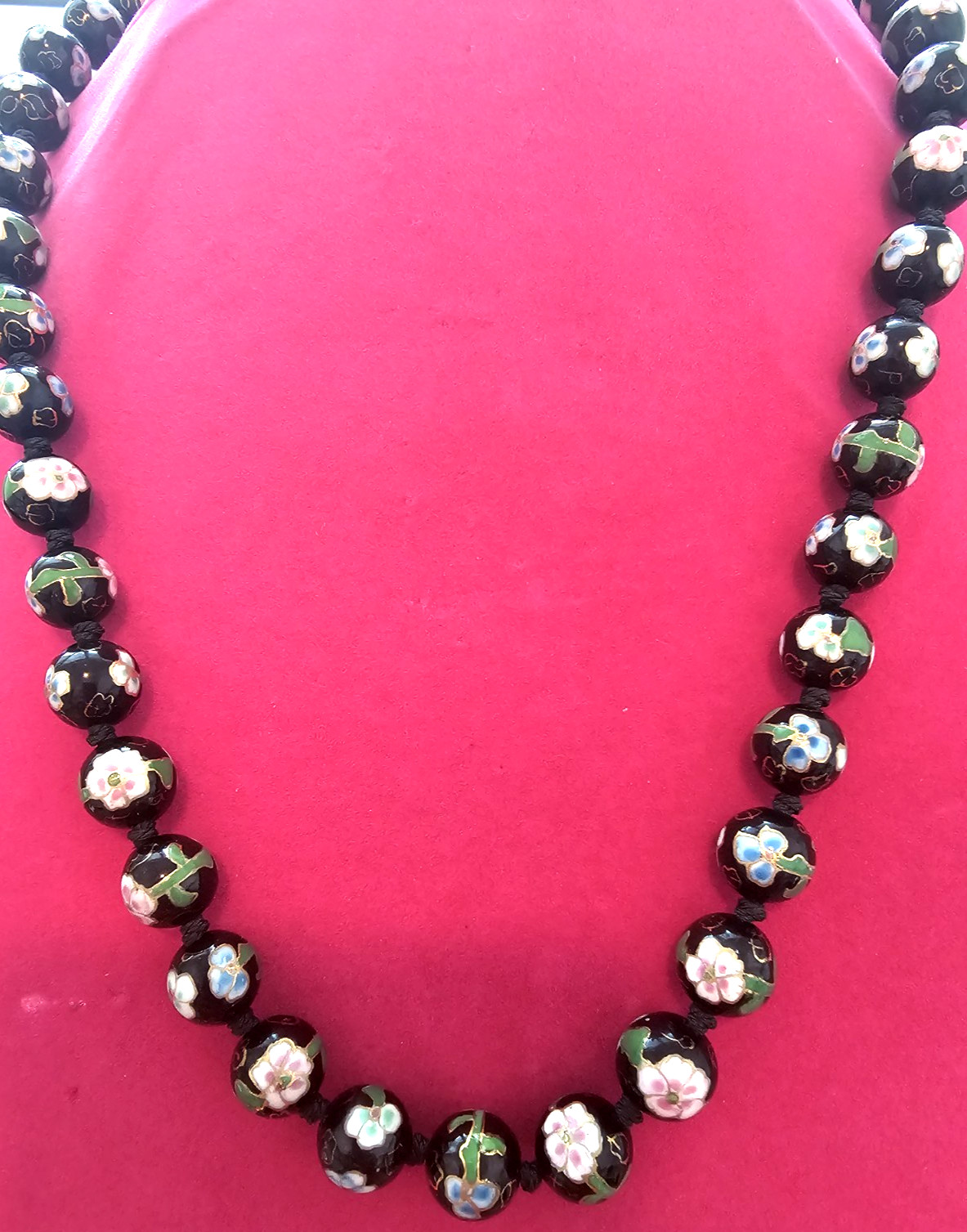 Vintage Cloisonne Bead Necklace Hand Knotted Glass Floral Flower Multi Color