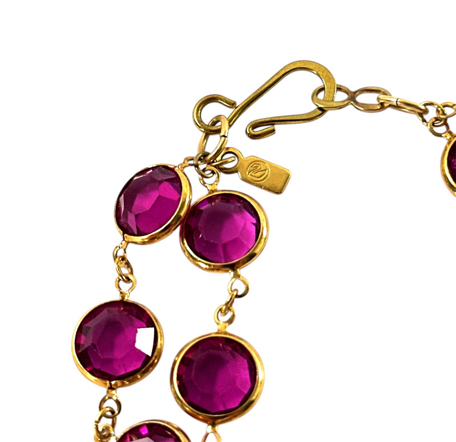Vintage Swarovski Fuchsia Crystal Station Necklace 36” Gold Tone Open Back Bezel