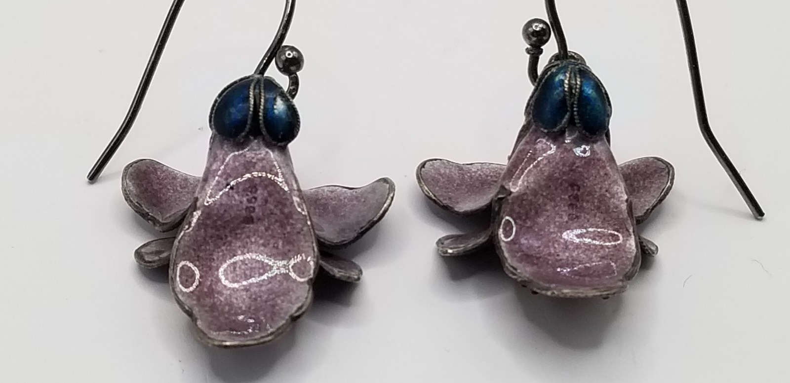 Vtg 925 Sterling Silver Purple & Blue Enameled 3D Pansy Flower Dangle Earrings