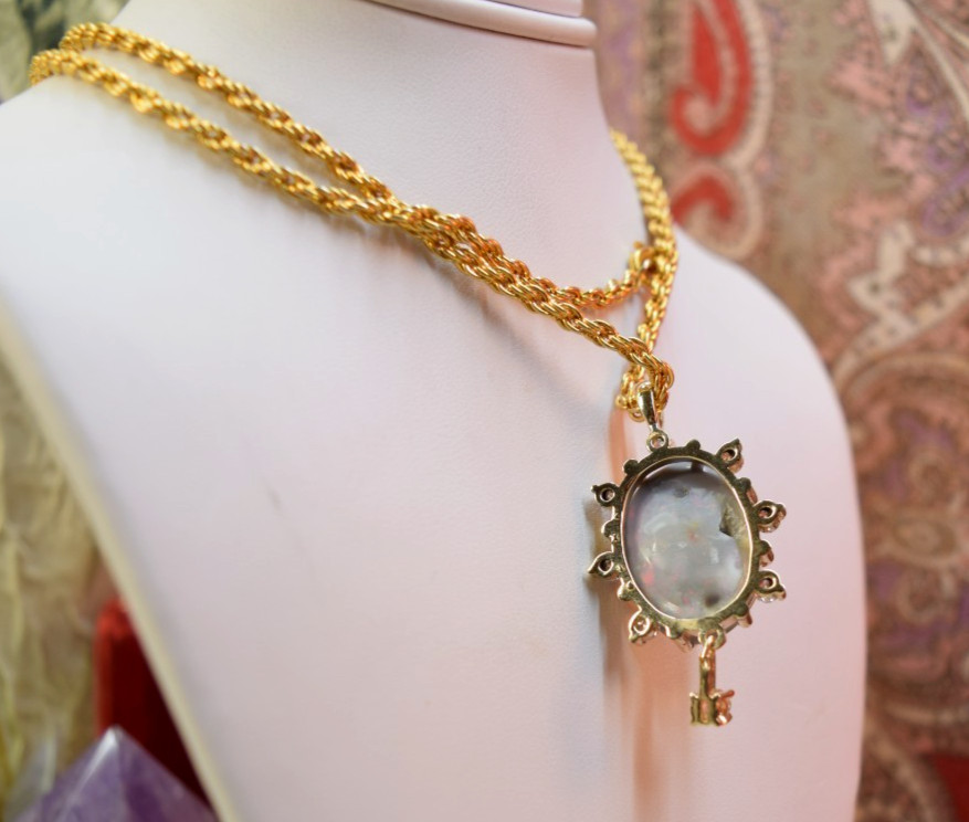 Estate Antique 14K Gold Large 10ct Black Opal Diamond Necklace Pendant