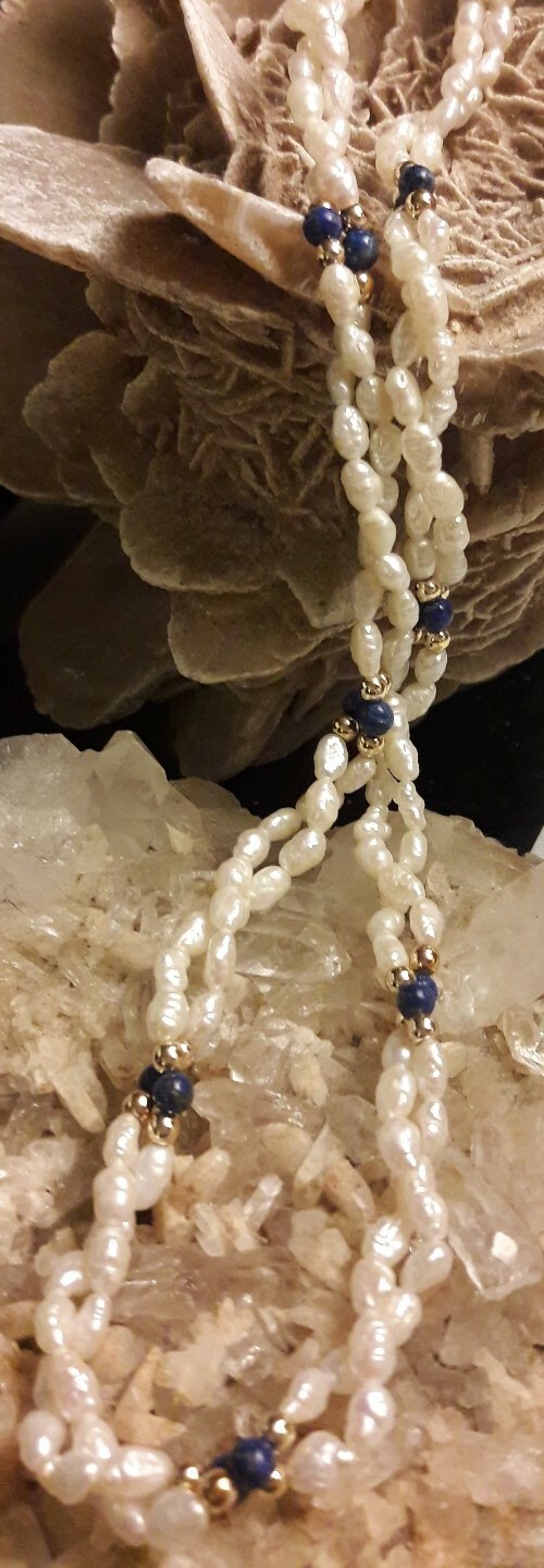 Antique Pearl Lapis Lazuli 18″ Beaded Double Necklace gold tone