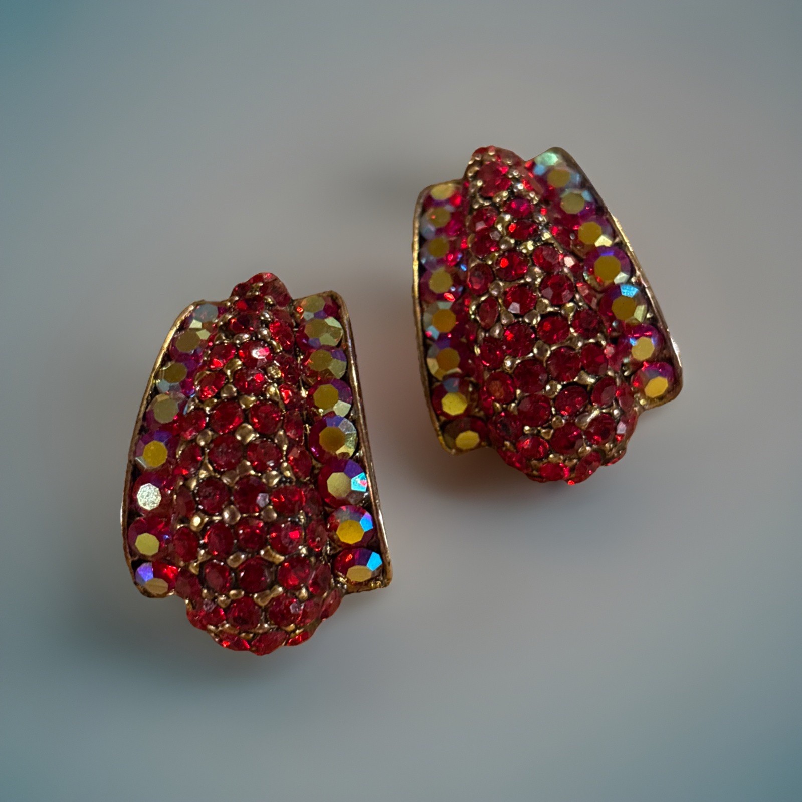 Vintage Red & Iridescent Rhinestone Clip Earrings Gold Tone