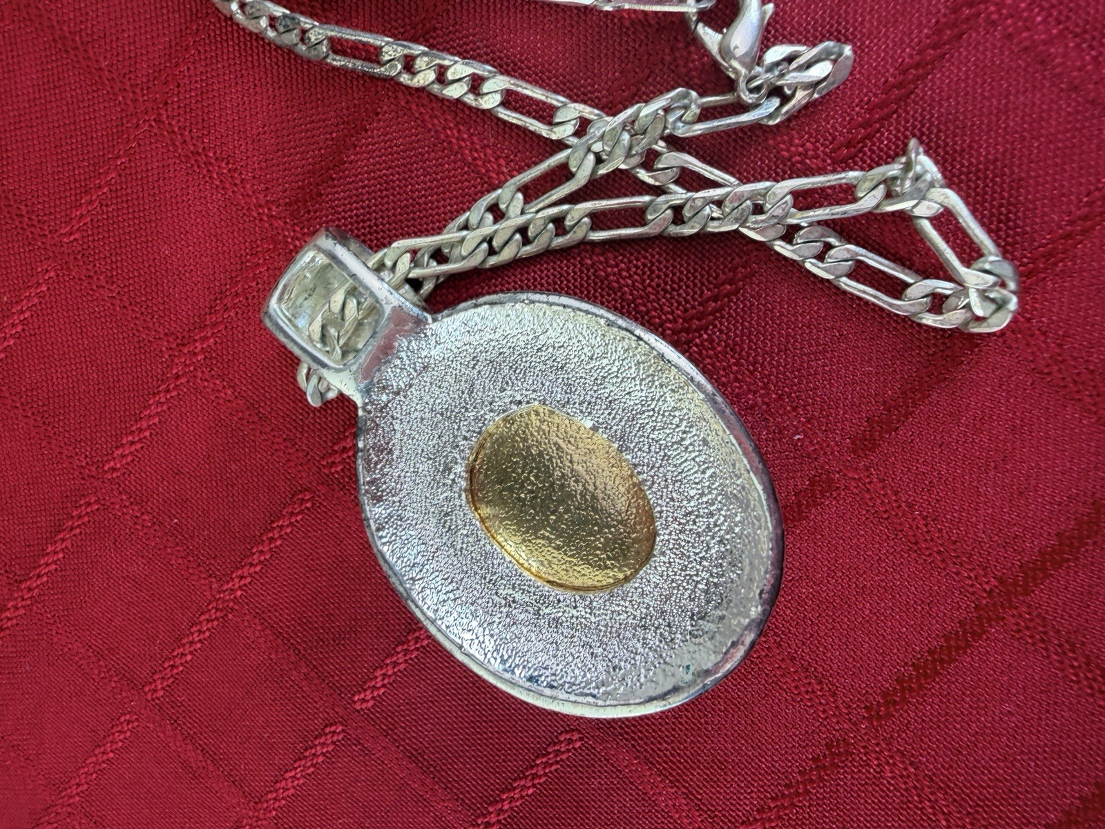 Vtg Silver Tone Blue Cabochon Pendant Necklace Modernist Figaro Chain 18” MCM