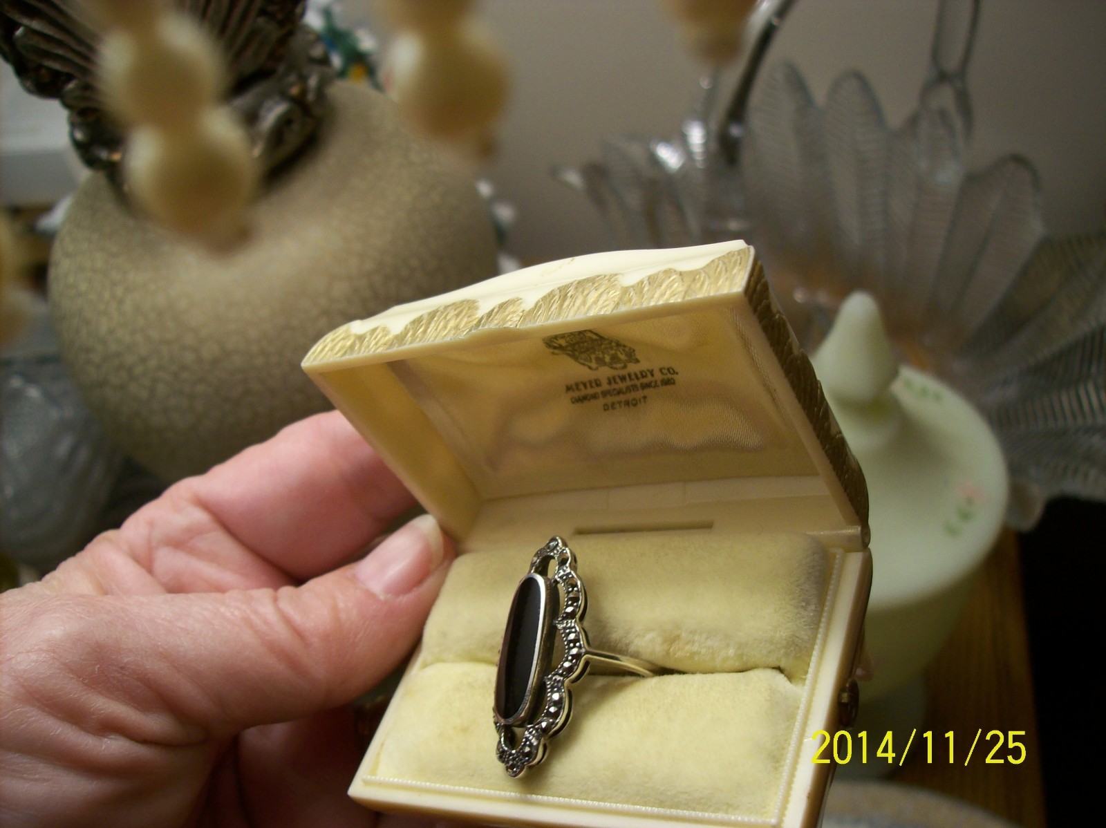 Masala CW Black Onyx & Marcasite Oblong Sterling Silver Filigree Vintage Ring