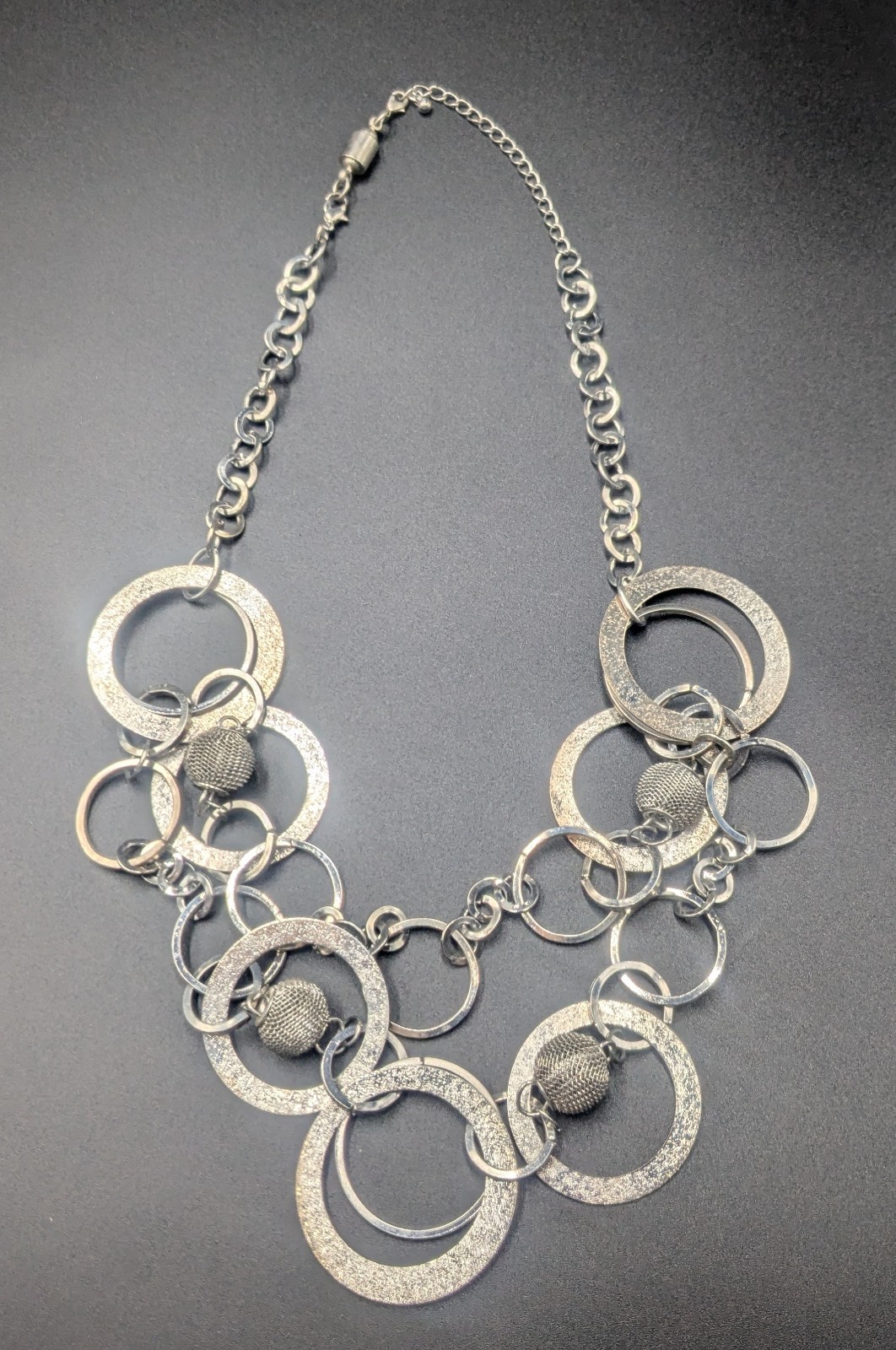 Vintage Double Layer Silver & Gray Necklace W/ Open Circles And Mesh Balls