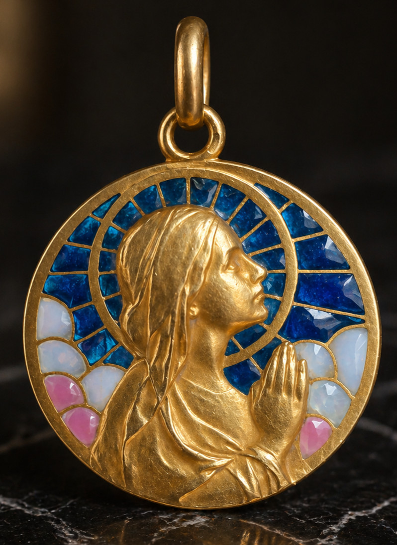 Antique Art Nouveau 18K Gold Virgin Mary Plique-à-Jour Enamel Pendant c1900 Rare