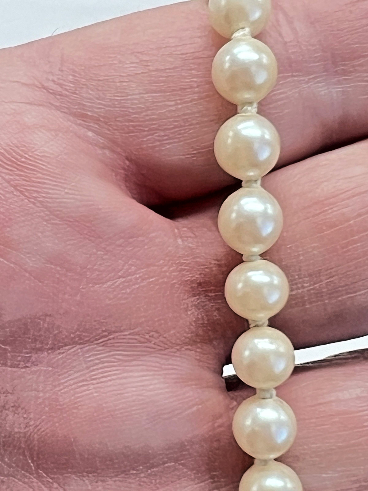 Antique/Vintage Hand Knotted Faux Pearl Necklace Sterling Fish Hook Filigree Cla