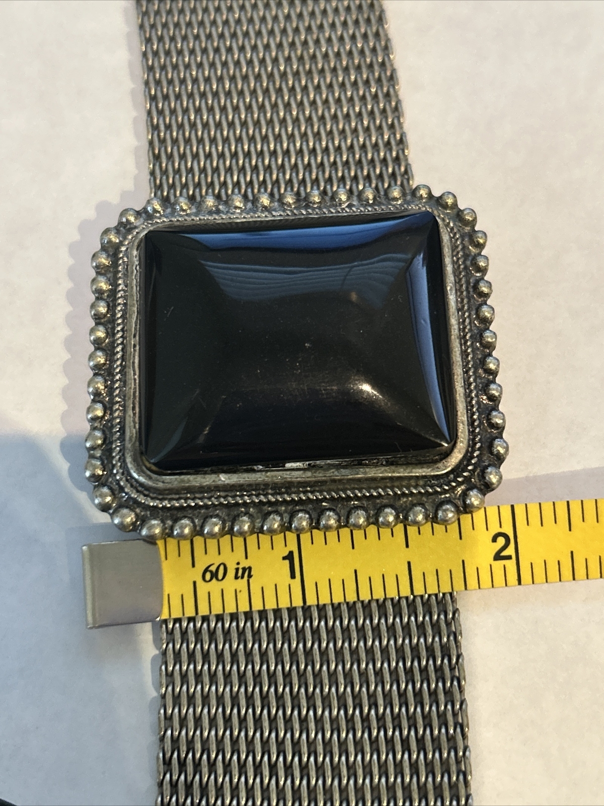 Chunky Vintage Look Silver Tone With Black Central Stone Art Deco Mesh Bracelet