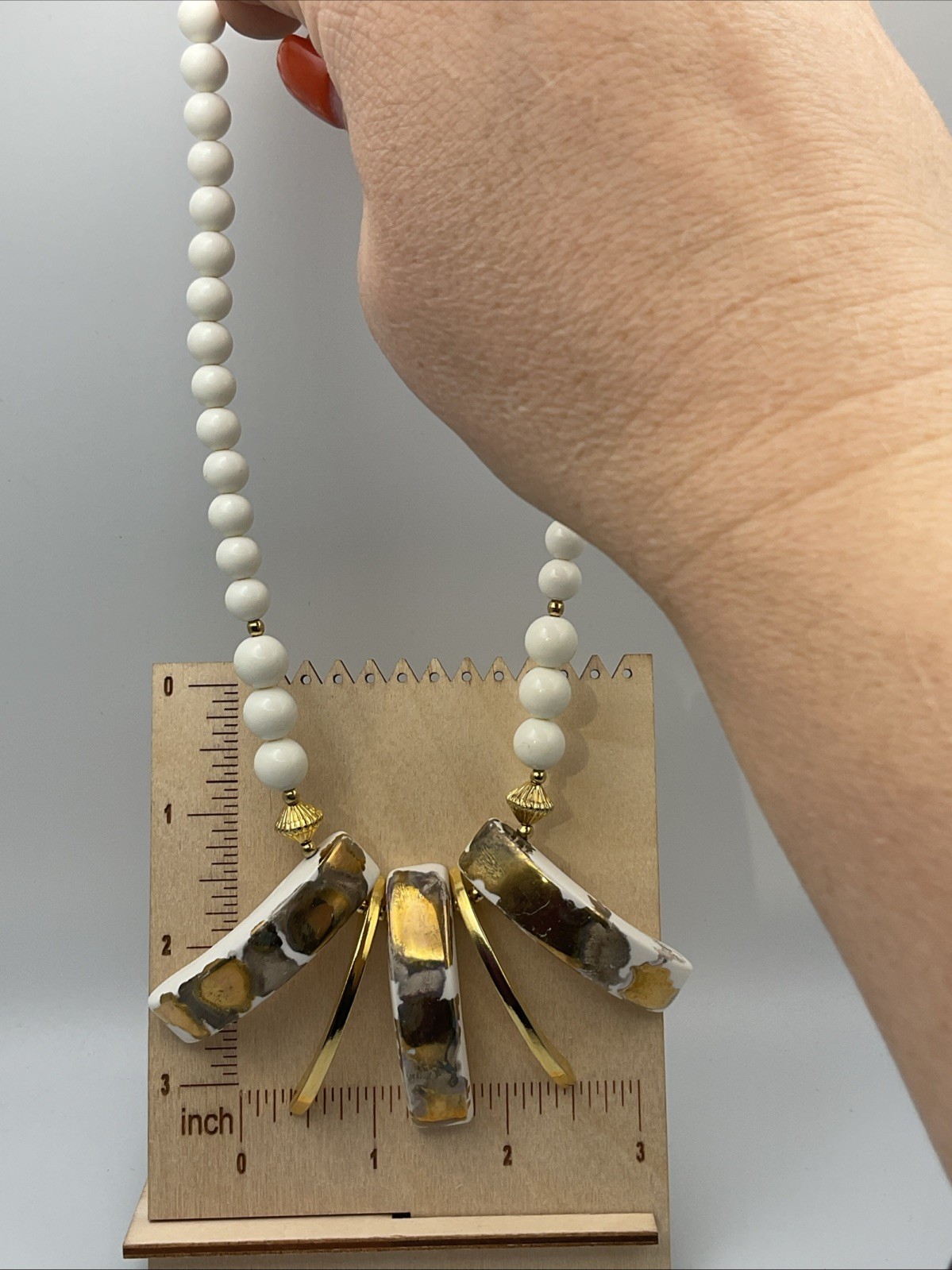 Vintage 60s-80s White & Gold-tone Chunky Bib Necklace/ Earring Set Marked Japan